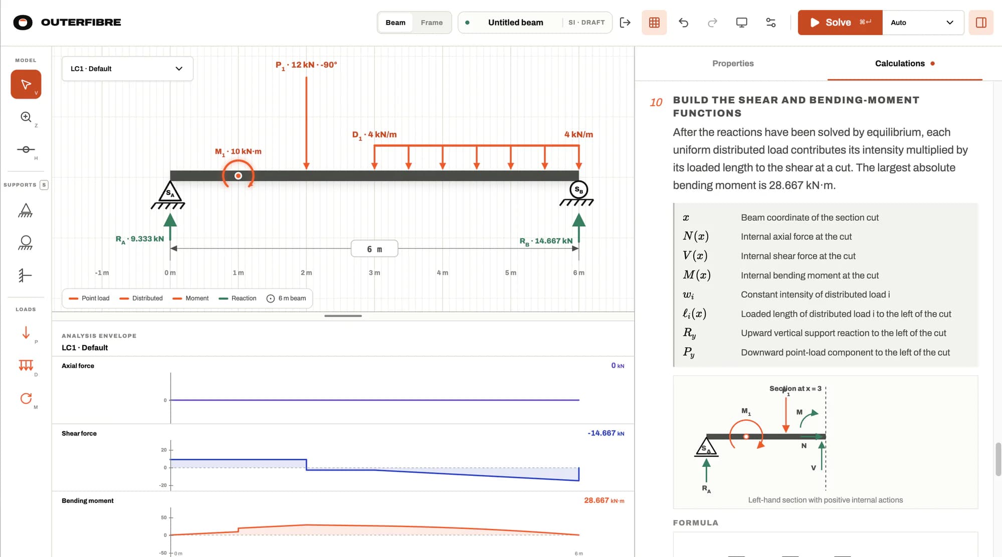 Outerfibre beam workspace showing a loaded beam, support reactions, axial, shear-force and bending-moment diagrams, and detailed calculation working