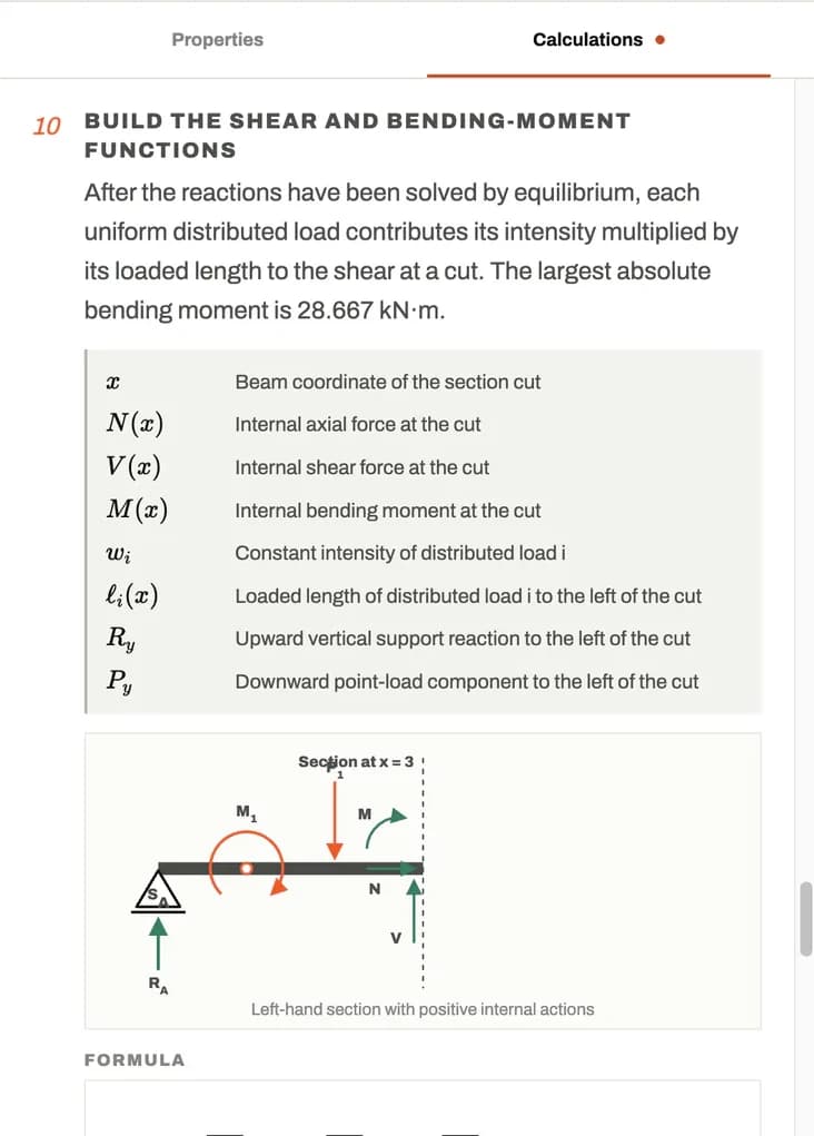 Outerfibre calculation working defining section-force symbols and showing a section-cut diagram beside the formula